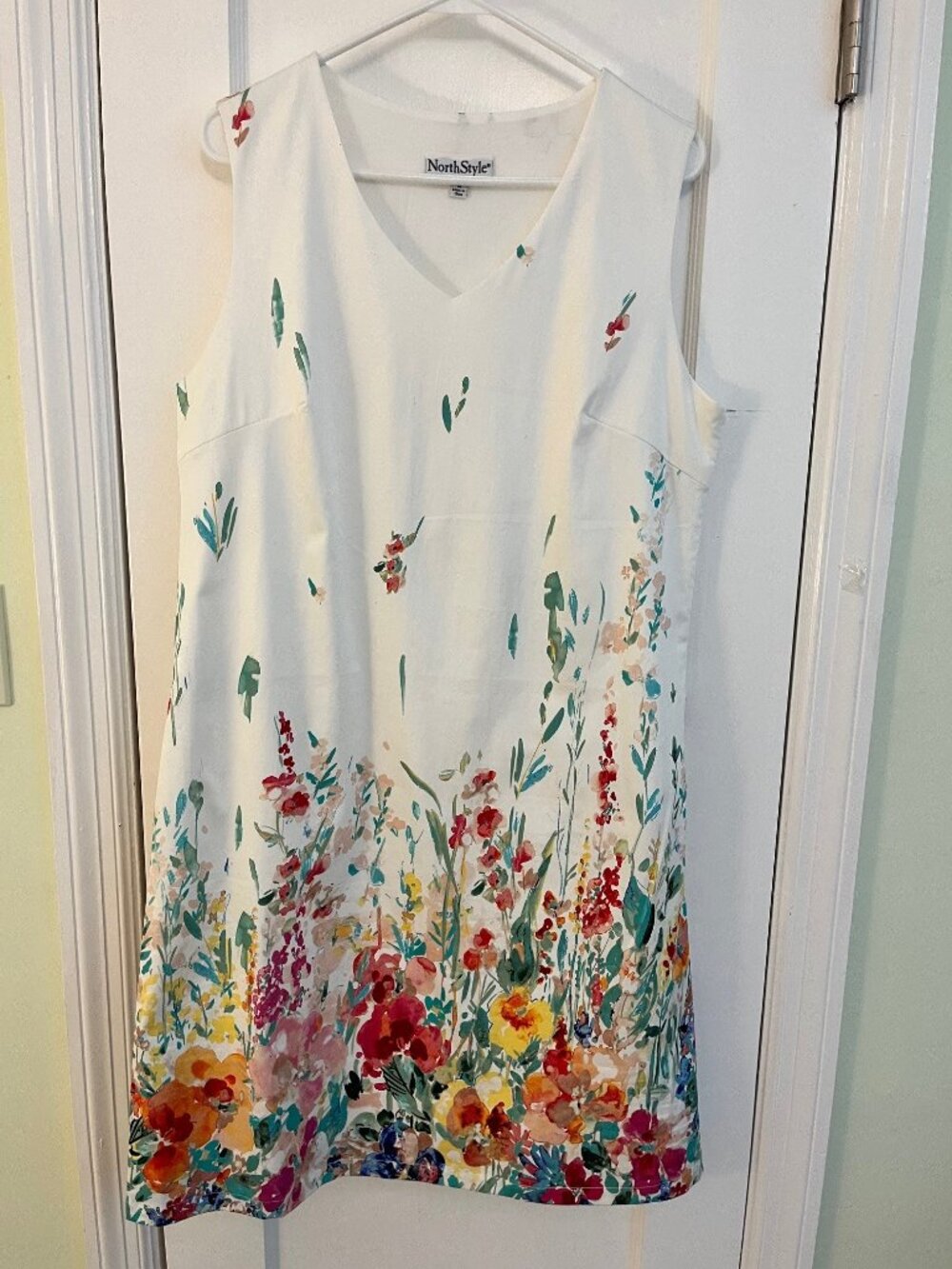 NorthStyle Cream V-Neck Mini Dress with Multicolor Floral Hem